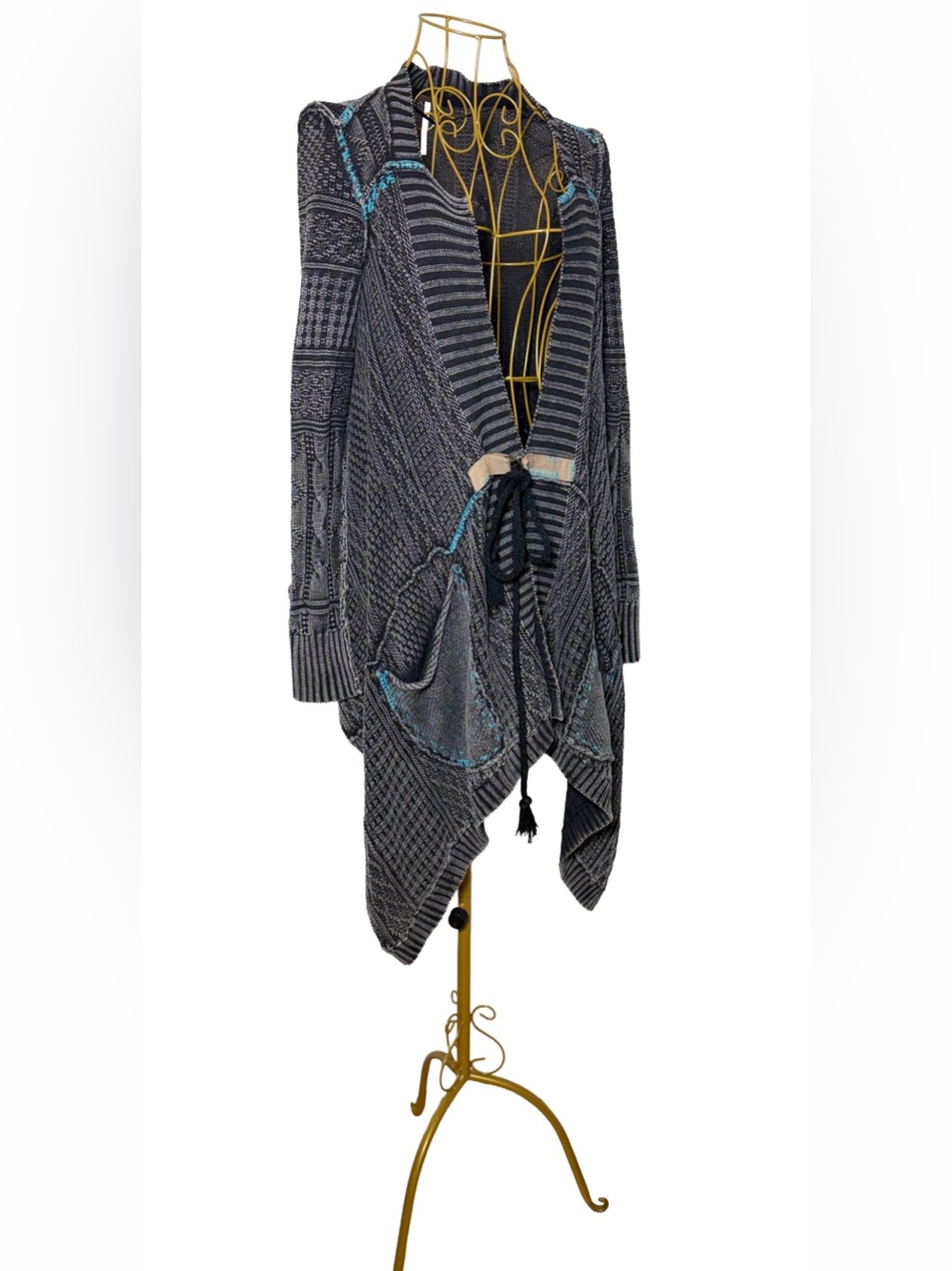 Free People Mixed Knit Waterfall Cardigan
Open Sweater, Tie Waist, Blue Gray, XS - Picture 9 of 16